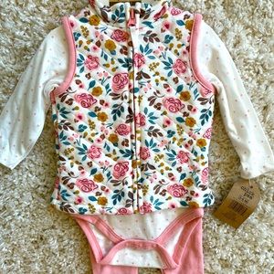 Floral vest, long sleeve onesie, and pants included